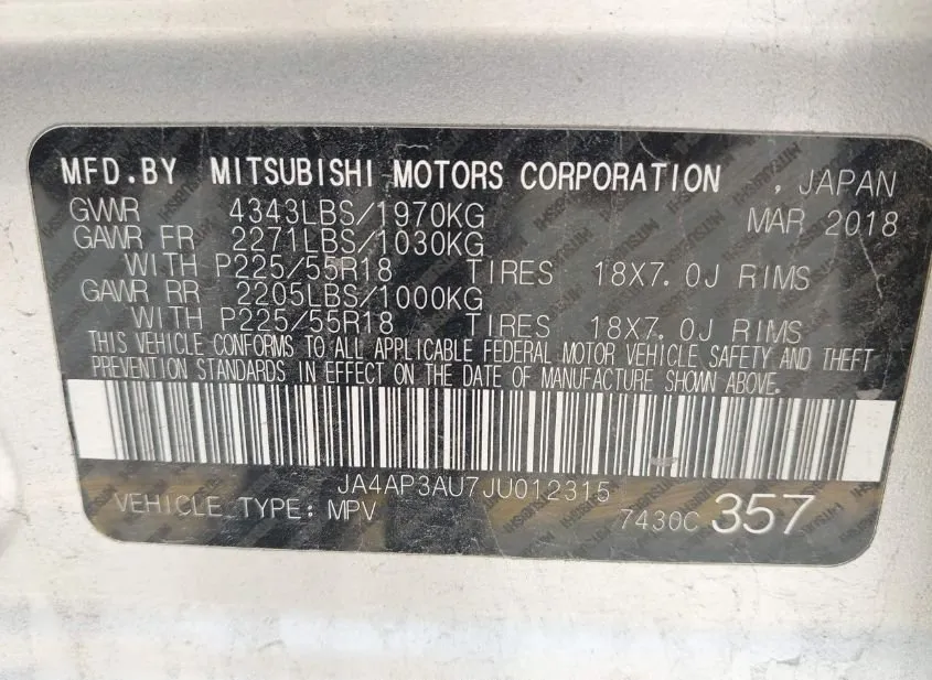 2018 MITSUBISHI Outlander Sport Used VIN JA4AP3AU7JU012315 – odometer reading