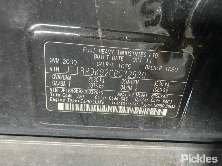2012 Subaru Liberty Damaged VIN JF1BR9K92CG032630 – engine bay