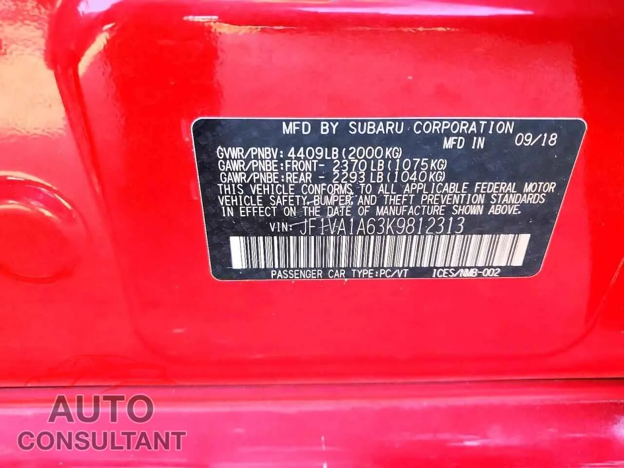 2019 SUBARU WRX Damaged VIN JF1VA1A63K9812313 – photo 12