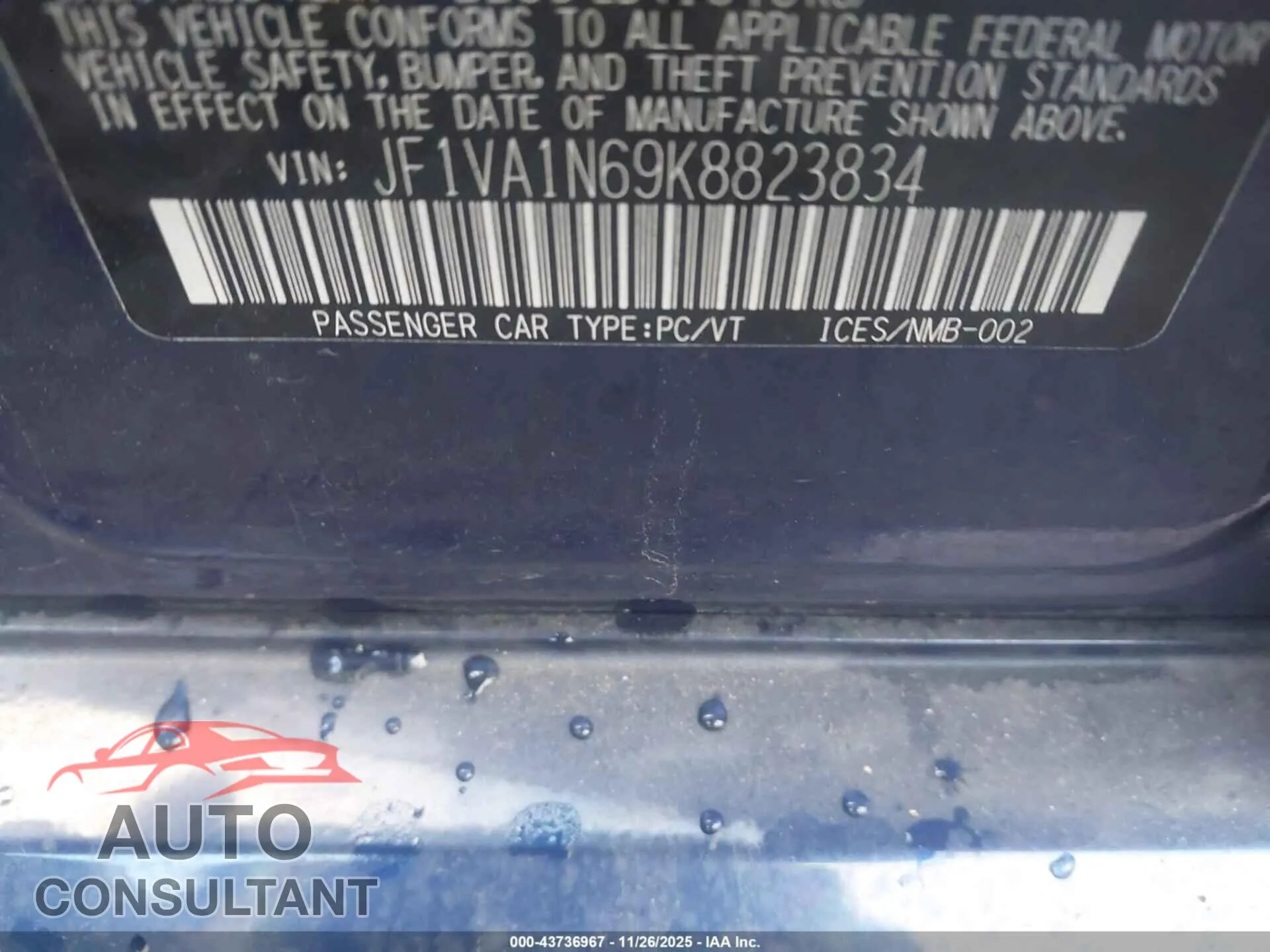 2019 SUBARU WRX Damaged VIN JF1VA1N69K8823834 – trunk area