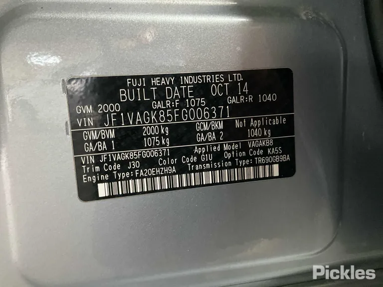 2015 Subaru WRX VIN JF1VAGK85FG006371