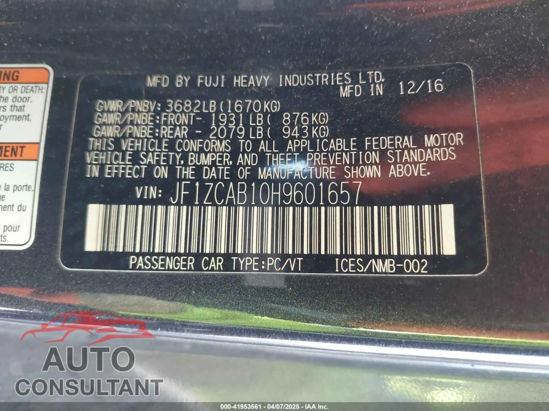 2017 SUBARU BRZ Damaged VIN JF1ZCAB10H9601657 – trunk area