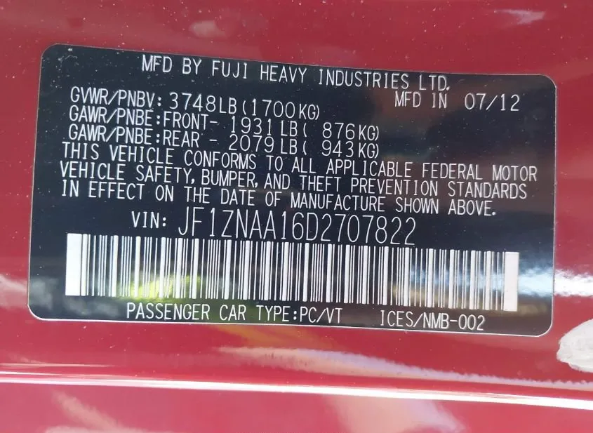 2013 TOYOTA Scion FR-S Used VIN JF1ZNAA16D2707822 – odometer reading