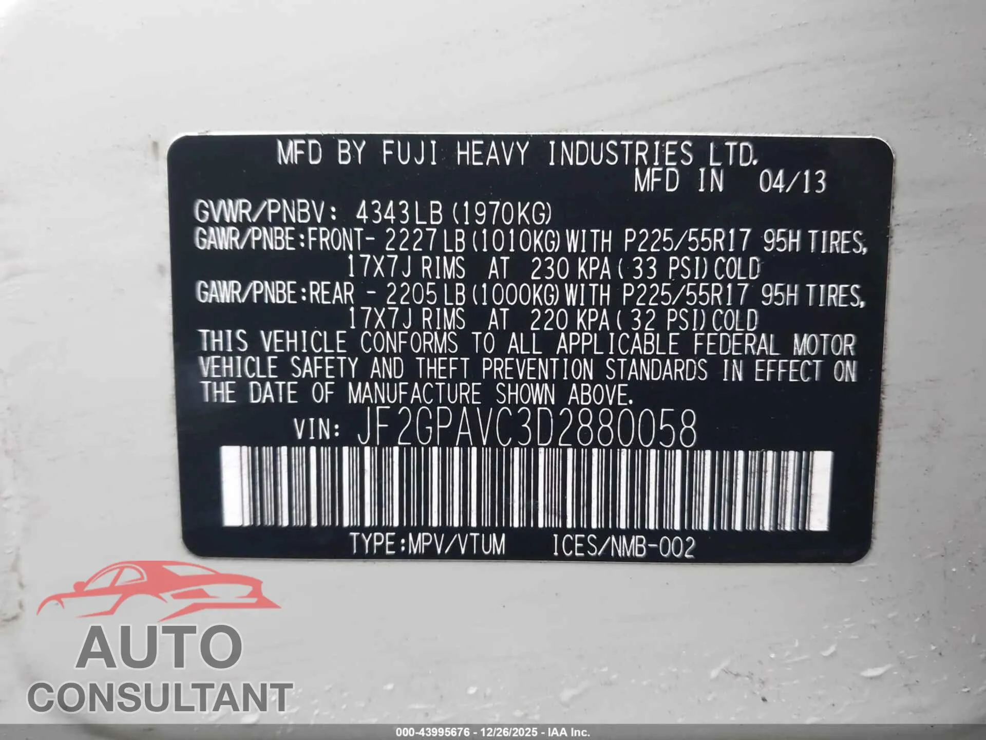 2013 SUBARU XV CROSSTREK Damaged VIN JF2GPAVC3D2880058 – trunk area 2013 SUBARU XV CROSSTREK Damaged VIN JF2GPAVC3D2880058 – trunk area