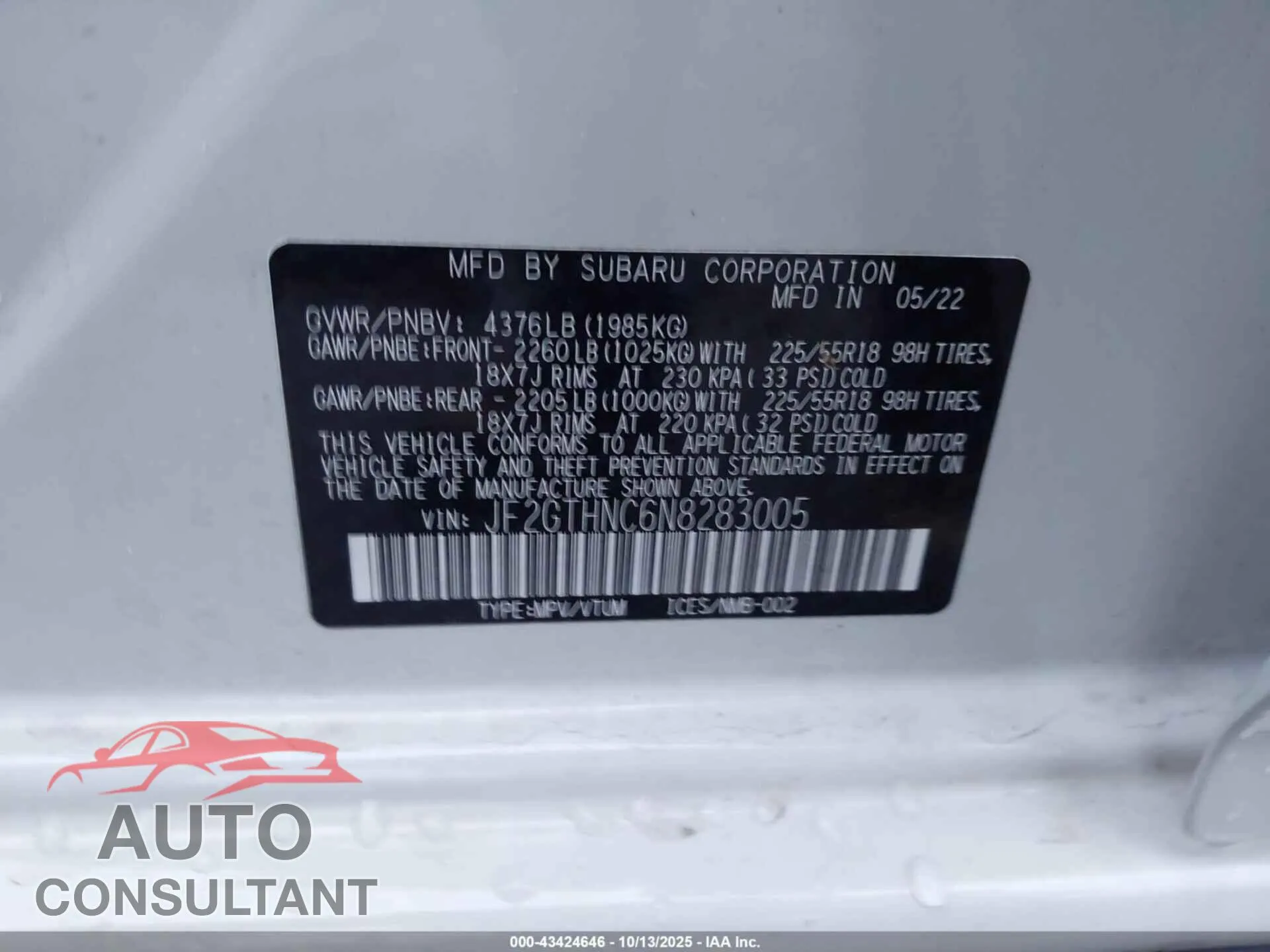 2022 SUBARU CROSSTREK Damaged VIN JF2GTHNC6N8283005 – trunk area