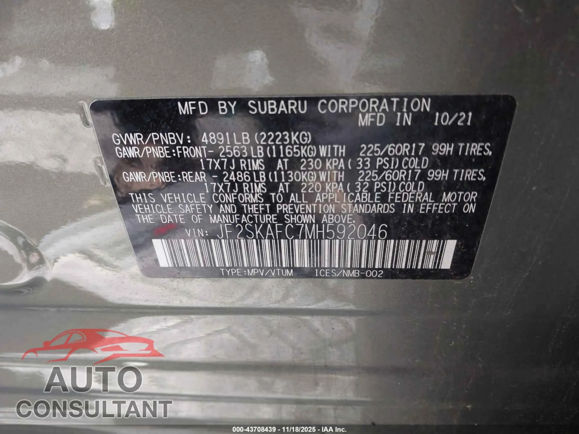 2021 SUBARU FORESTER Damaged VIN JF2SKAFC7MH592046 – trunk area