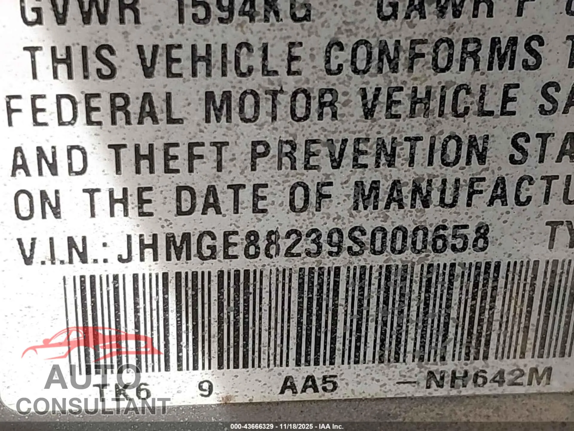 2009 HONDA FIT Damaged VIN JHMGE88239S000658 – trunk area