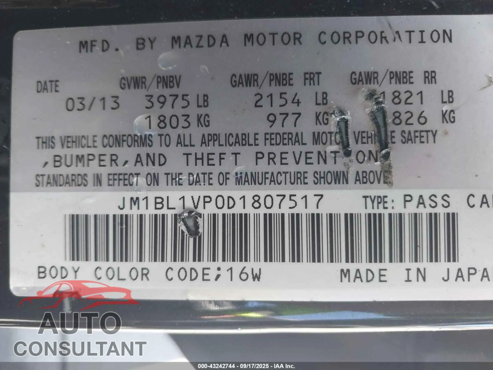 2013 MAZDA MAZDA3 Damaged VIN JM1BL1VP0D1807517 – trunk area 2013 MAZDA MAZDA3 Damaged VIN JM1BL1VP0D1807517 – trunk area