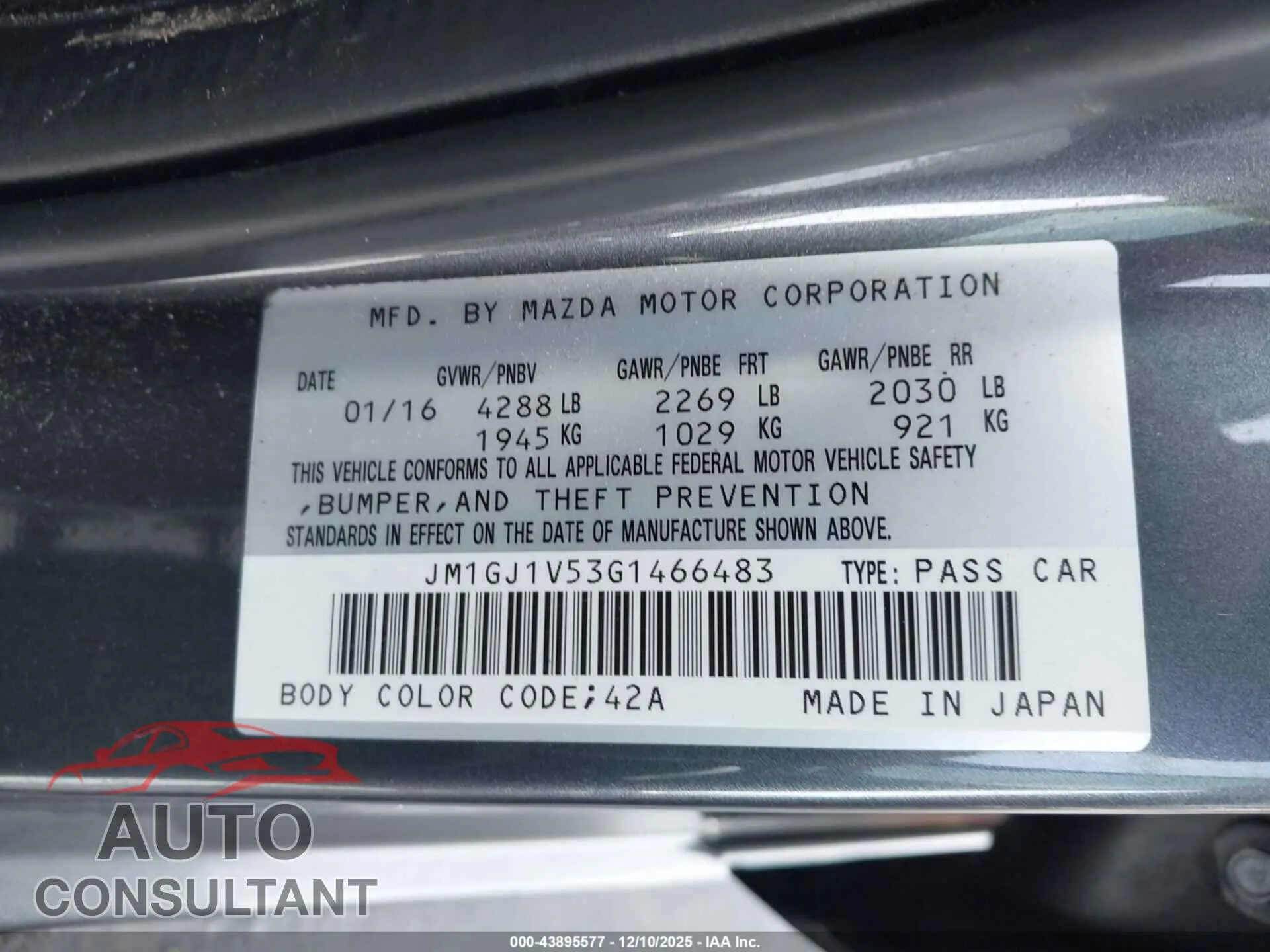 2016 MAZDA MAZDA6 Damaged VIN JM1GJ1V53G1466483 – trunk area