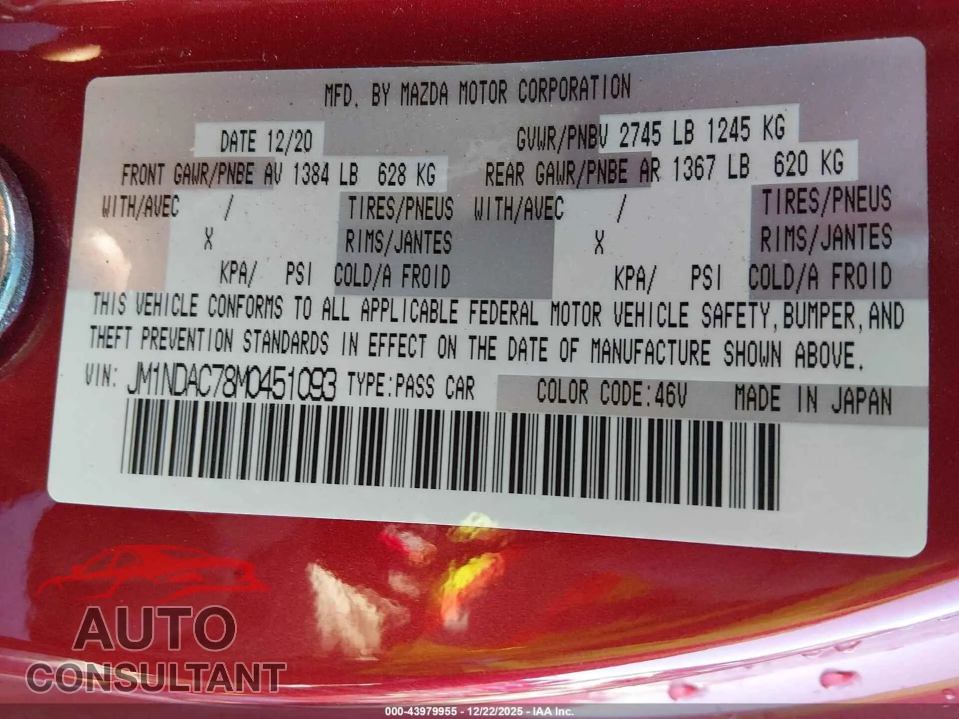 2021 MAZDA MX-5 MIATA Damaged VIN JM1NDAC78M0451093 – trunk area