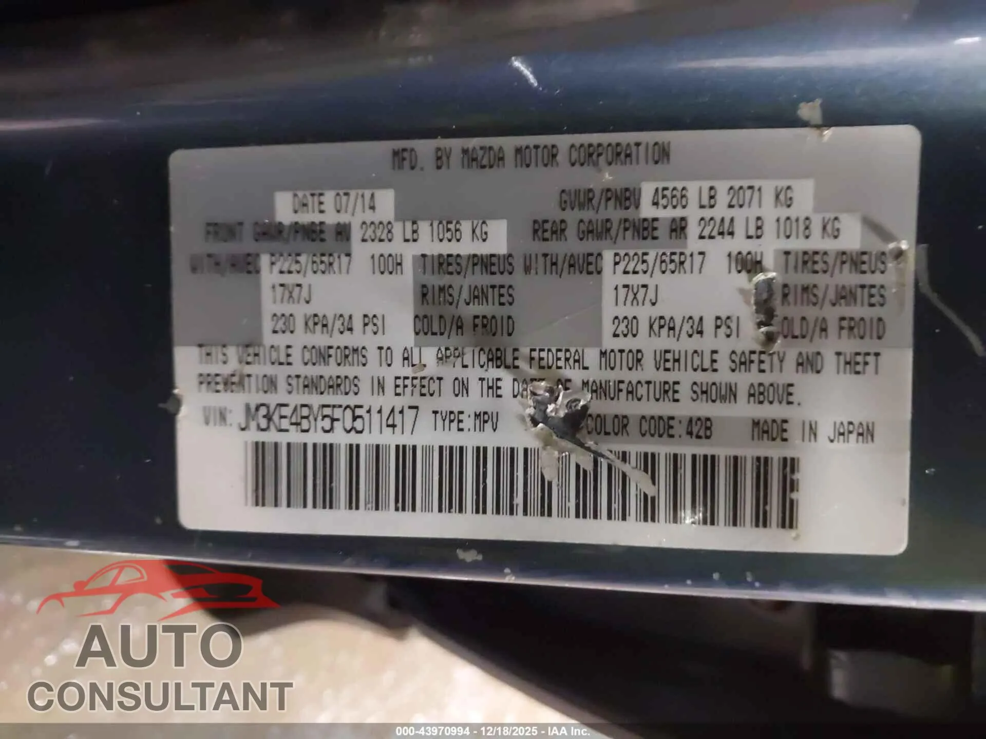 2015 MAZDA CX-5 Damaged VIN JM3KE4BY5F0511417 – trunk area