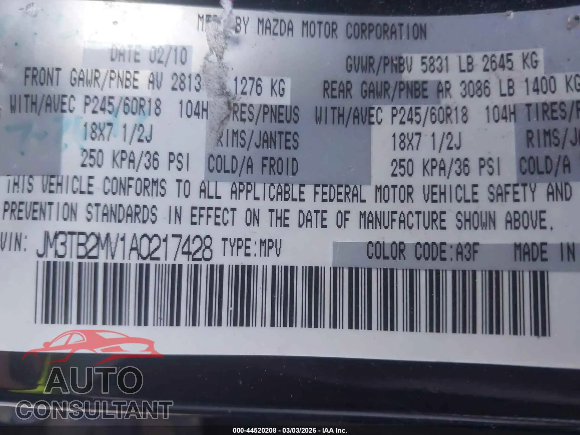 2010 MAZDA CX-9 Used VIN JM3TB2MV1A0217428 – trunk area