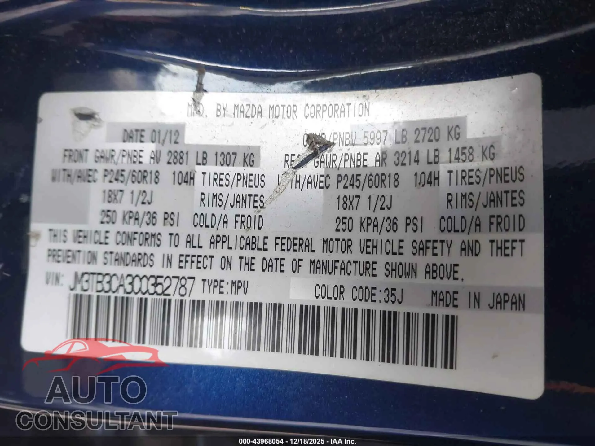 2012 MAZDA CX-9 Damaged VIN JM3TB3CA3C0352787 – trunk area