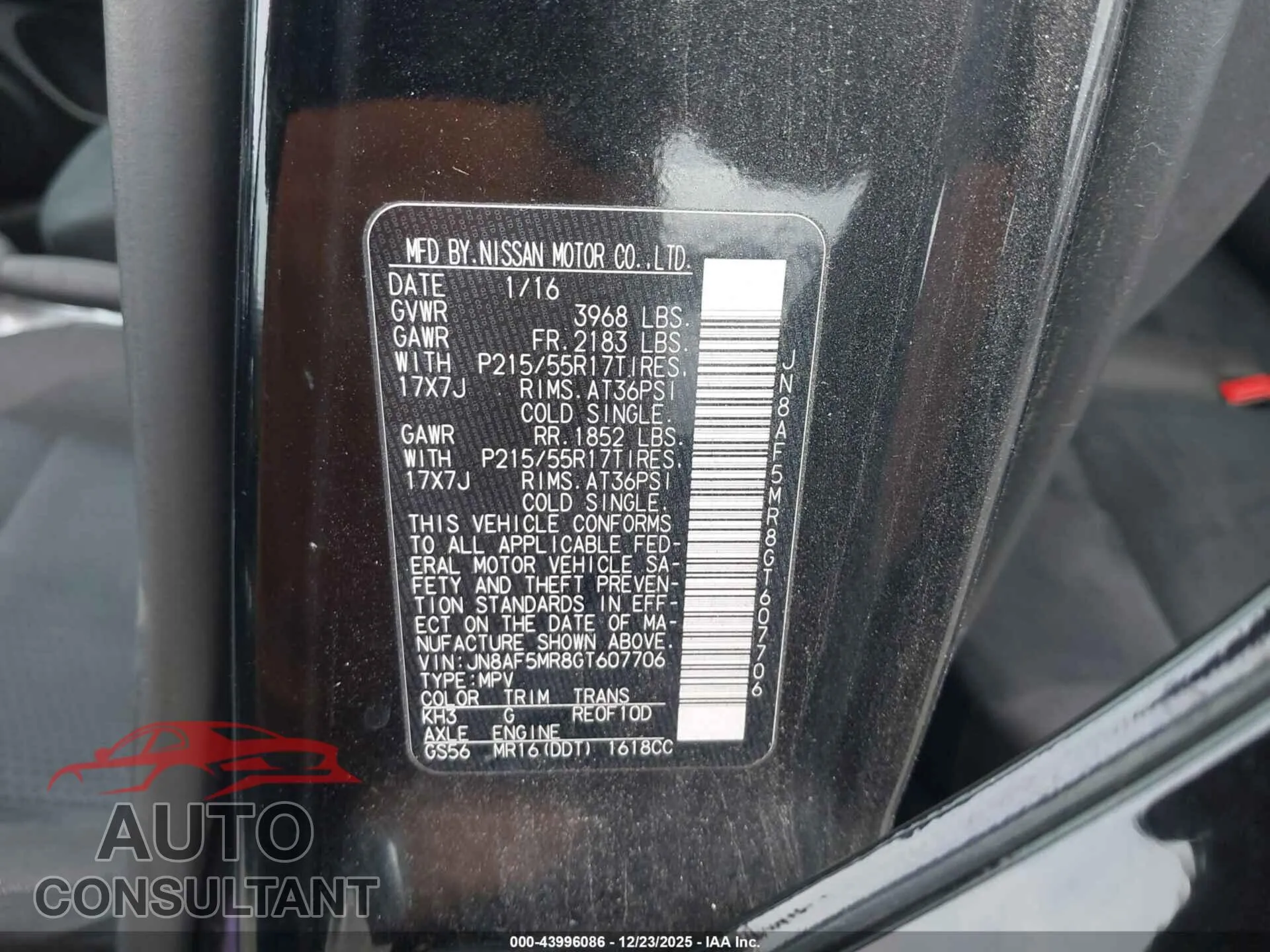 2016 NISSAN JUKE Damaged VIN JN8AF5MR8GT607706 – trunk area