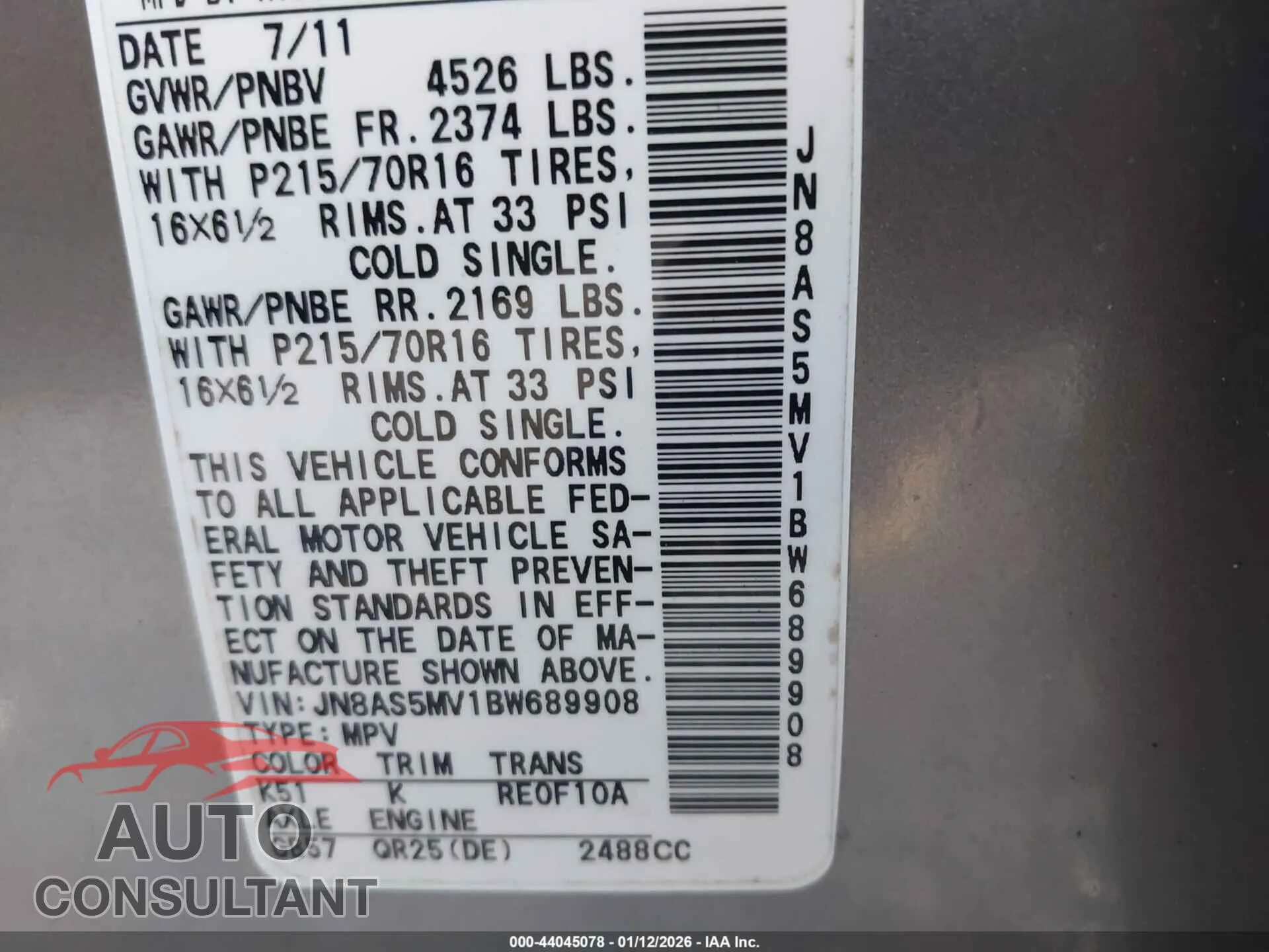 2011 NISSAN ROGUE Damaged VIN JN8AS5MV1BW689908 – trunk area