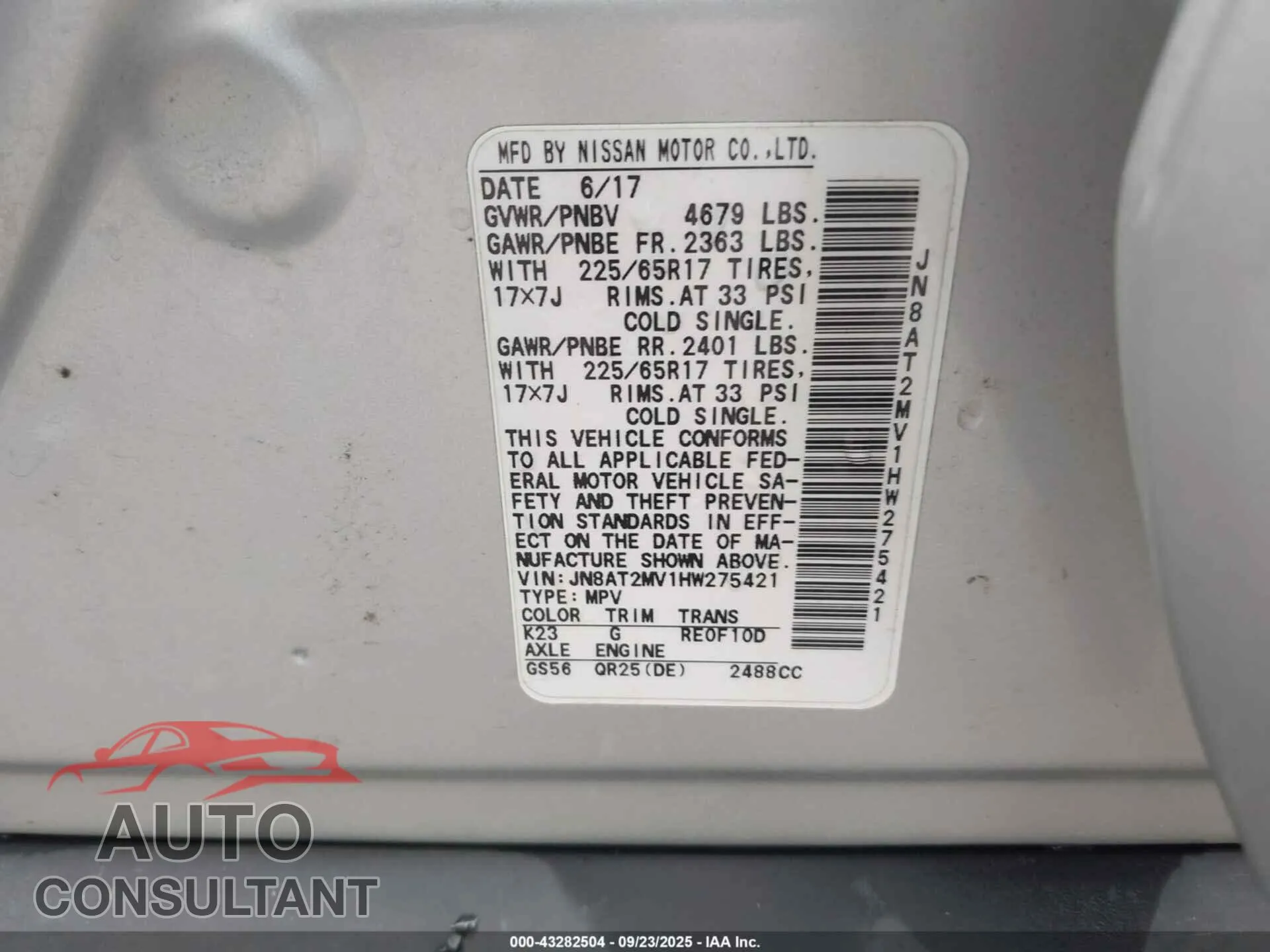 2017 NISSAN ROGUE Used VIN JN8AT2MV1HW275421 – trunk area