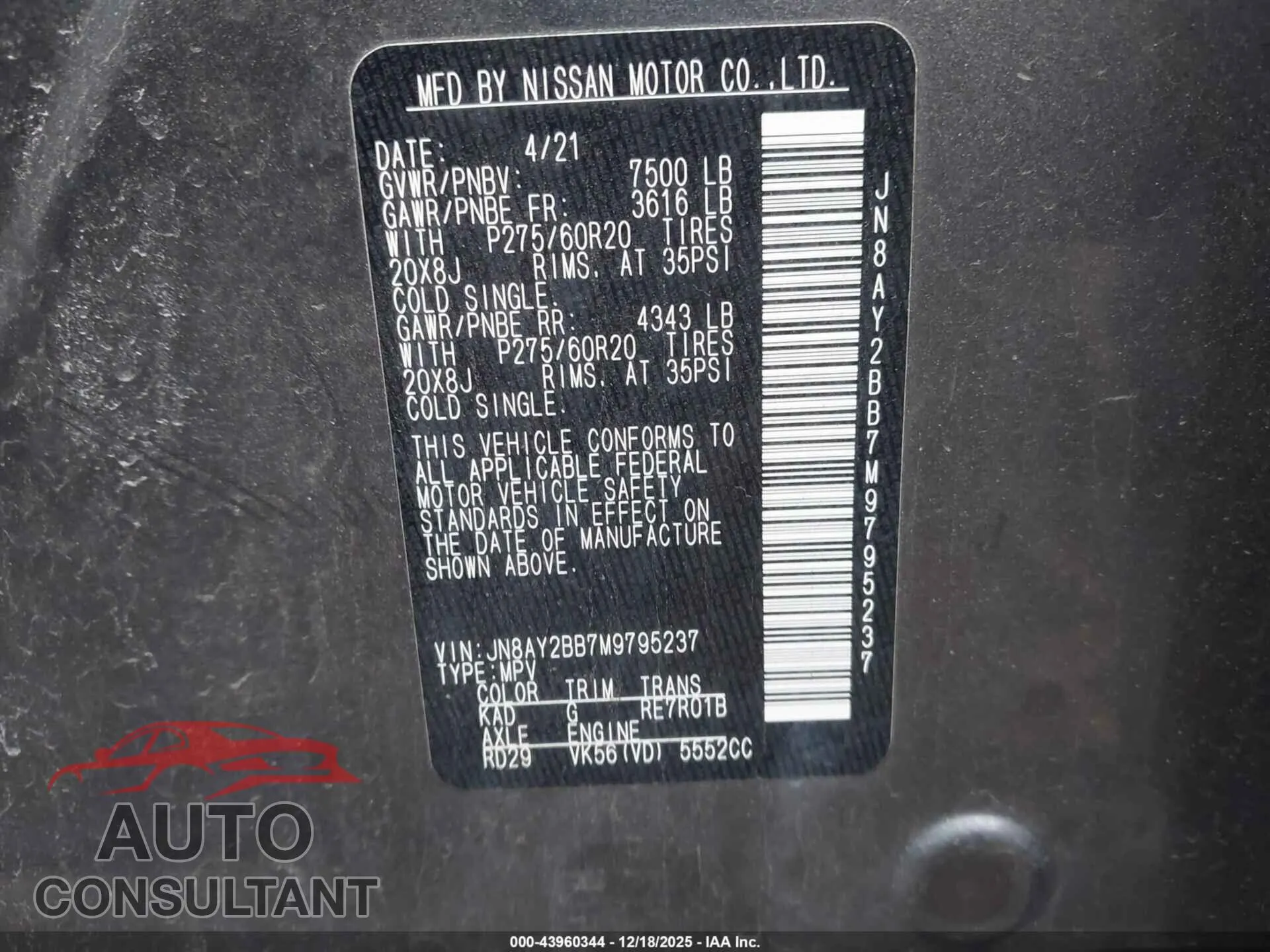 2021 NISSAN ARMADA Damaged VIN JN8AY2BB7M9795237 – trunk area