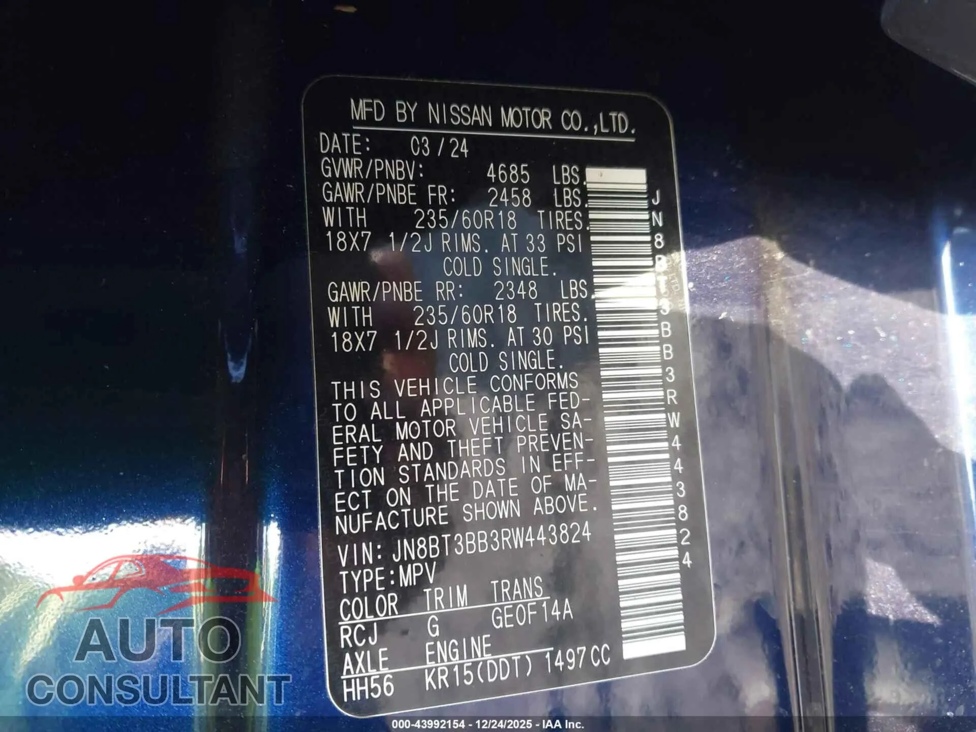 2024 NISSAN ROGUE Damaged VIN JN8BT3BB3RW443824 – trunk area