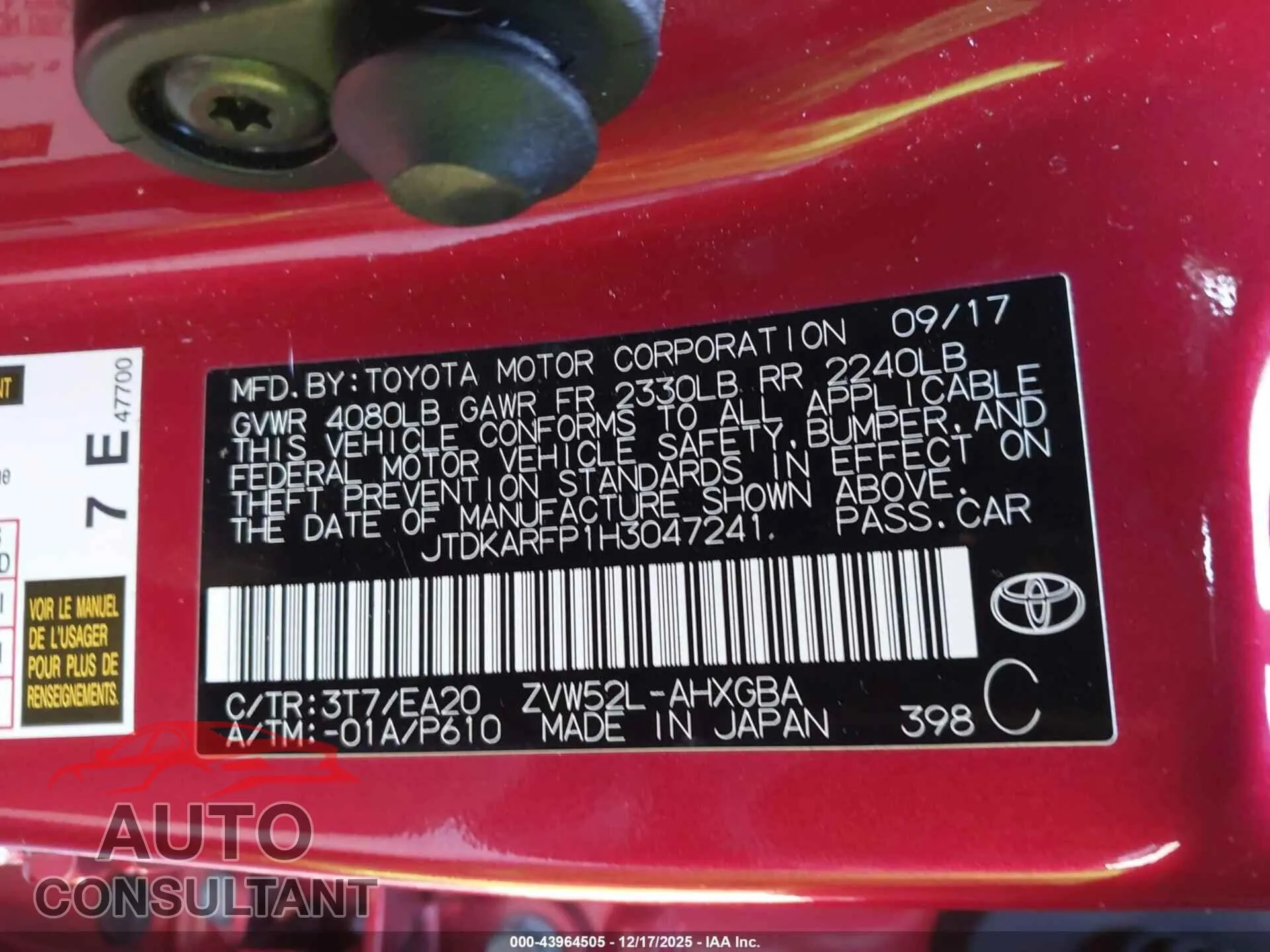 2017 TOYOTA PRIUS PRIME Damaged VIN JTDKARFP1H3047241 – trunk area 2017 TOYOTA PRIUS PRIME Damaged VIN JTDKARFP1H3047241 – trunk area