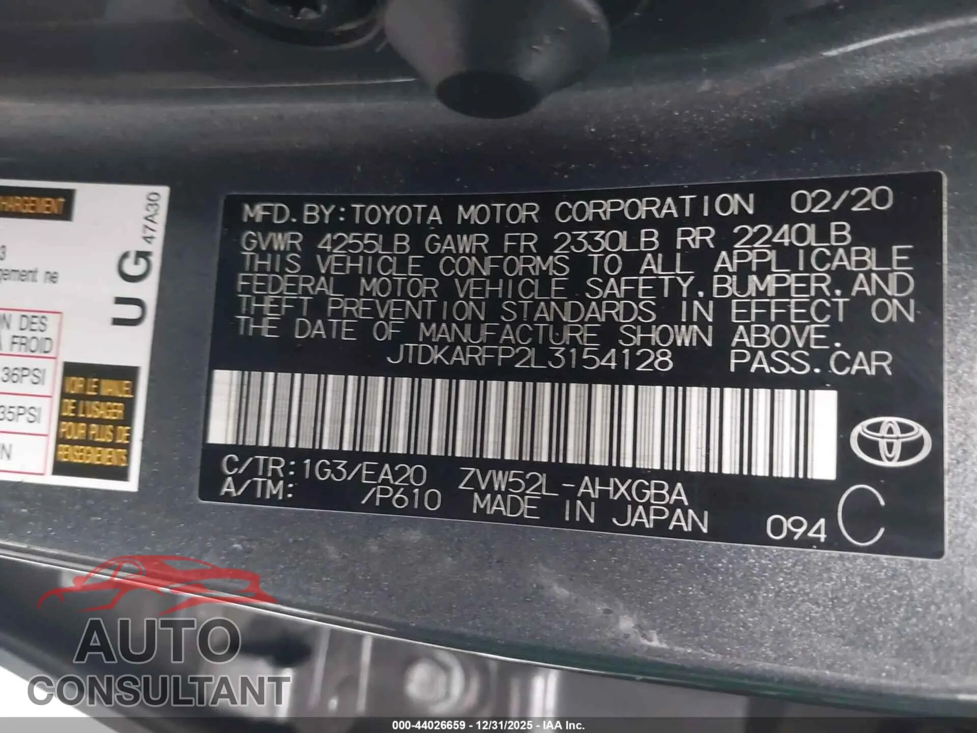 2020 TOYOTA PRIUS PRIME Damaged VIN JTDKARFP2L3154128 – trunk area