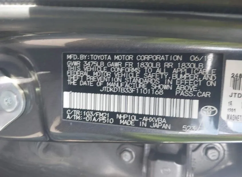 2015 TOYOTA Prius C Used VIN JTDKDTB33F1101168 – undercarriage 2015 TOYOTA Prius C Used VIN JTDKDTB33F1101168 – undercarriage