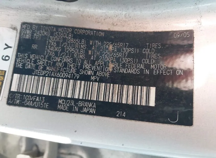 2006 TOYOTA Highlander Used VIN JTEDP21AX60094179 – odometer reading
