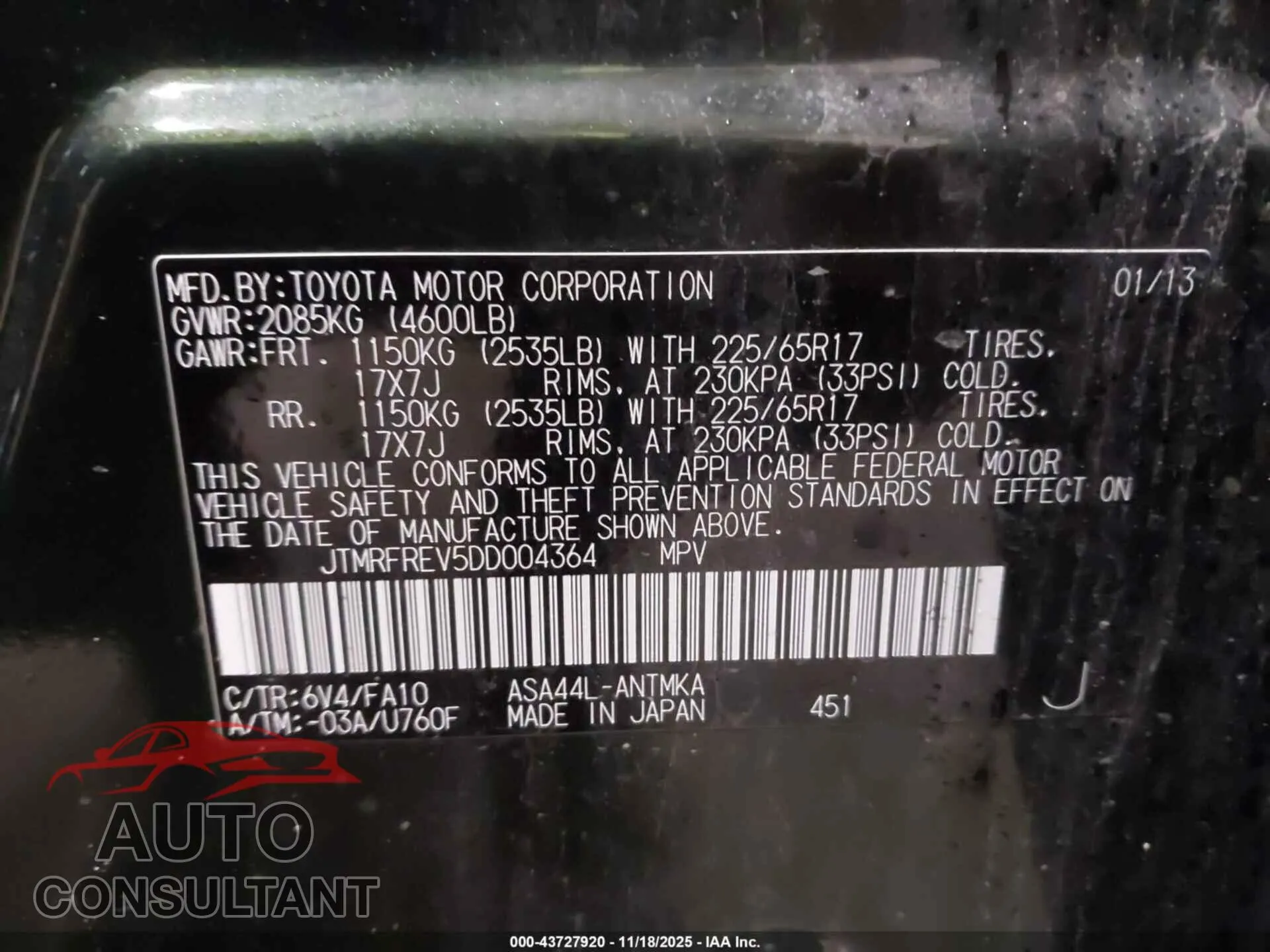 2013 TOYOTA RAV4 Damaged VIN JTMRFREV5DD004364 – trunk area