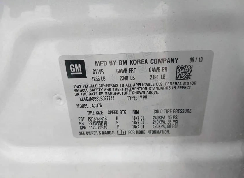 2020 BUICK Encore VIN KL4CJASB3LB027744