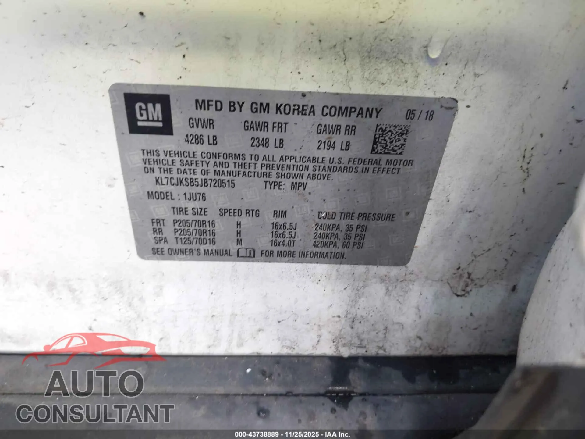 2018 CHEVROLET TRAX Damaged VIN KL7CJKSB5JB720515 – trunk area