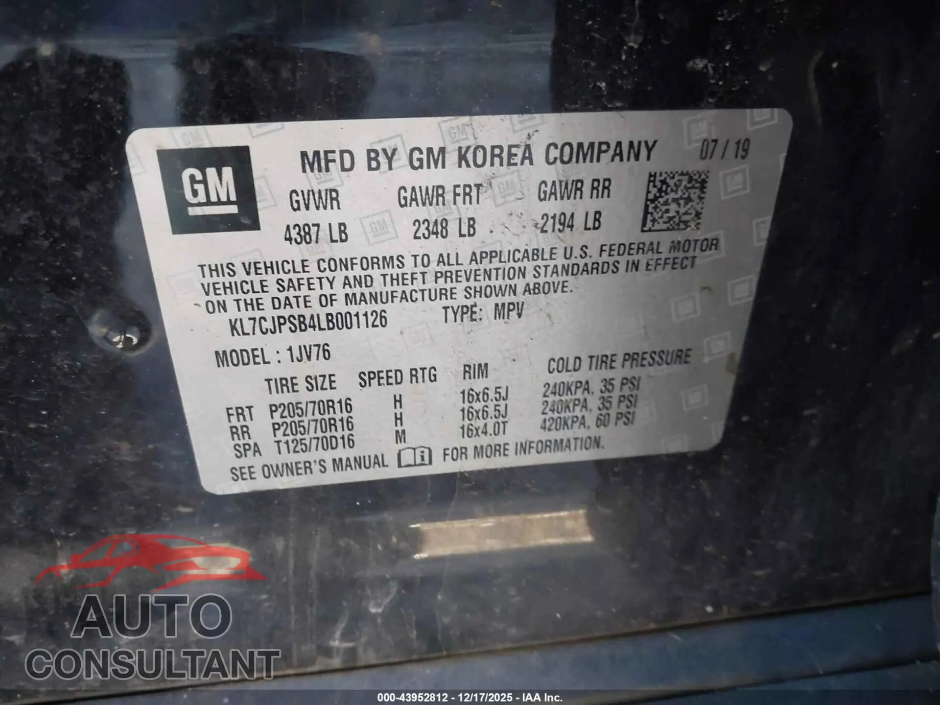 2020 CHEVROLET TRAX Damaged VIN KL7CJPSB4LB001126 – trunk area