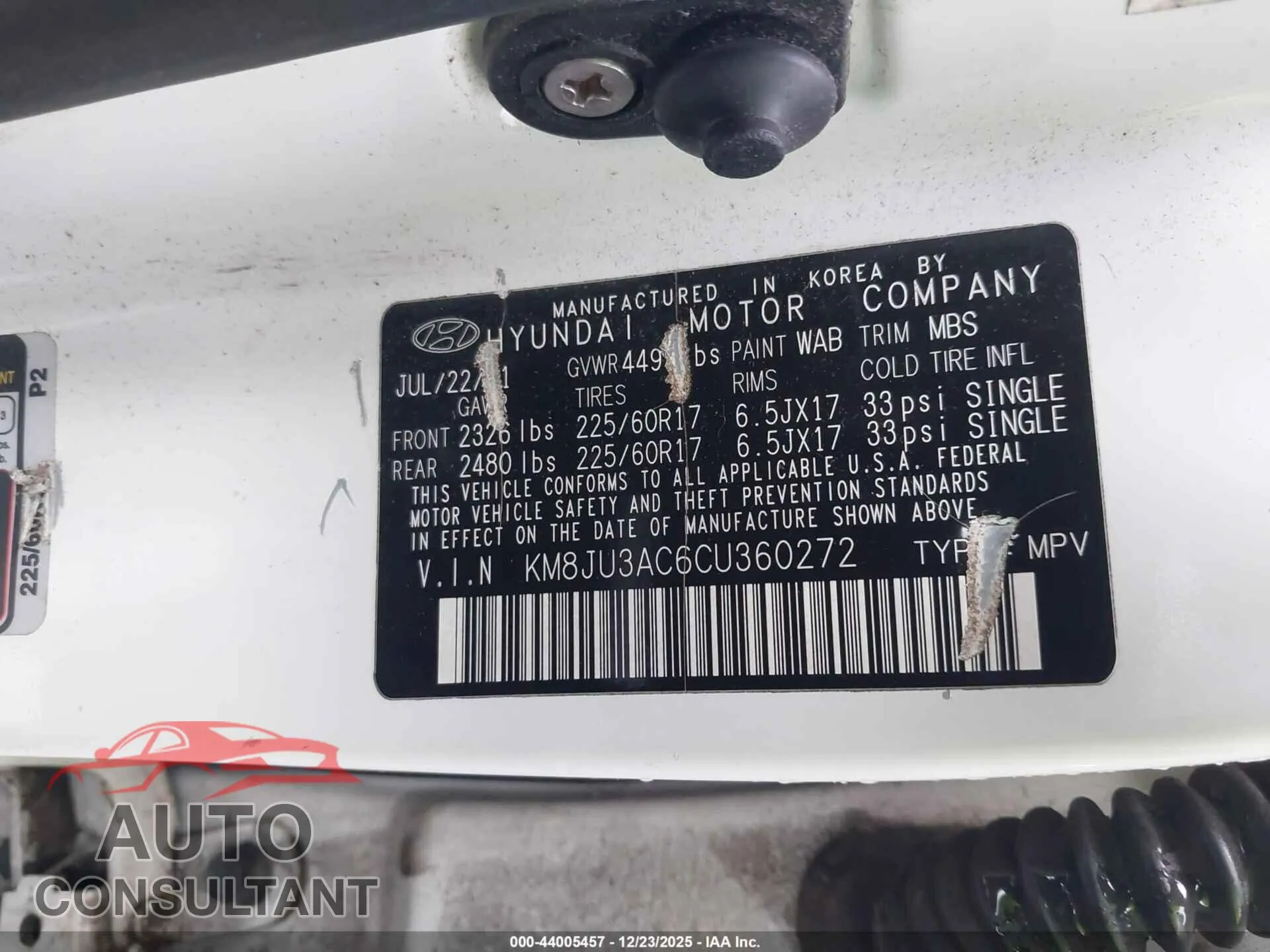 2012 HYUNDAI TUCSON Damaged VIN KM8JU3AC6CU360272 – trunk area