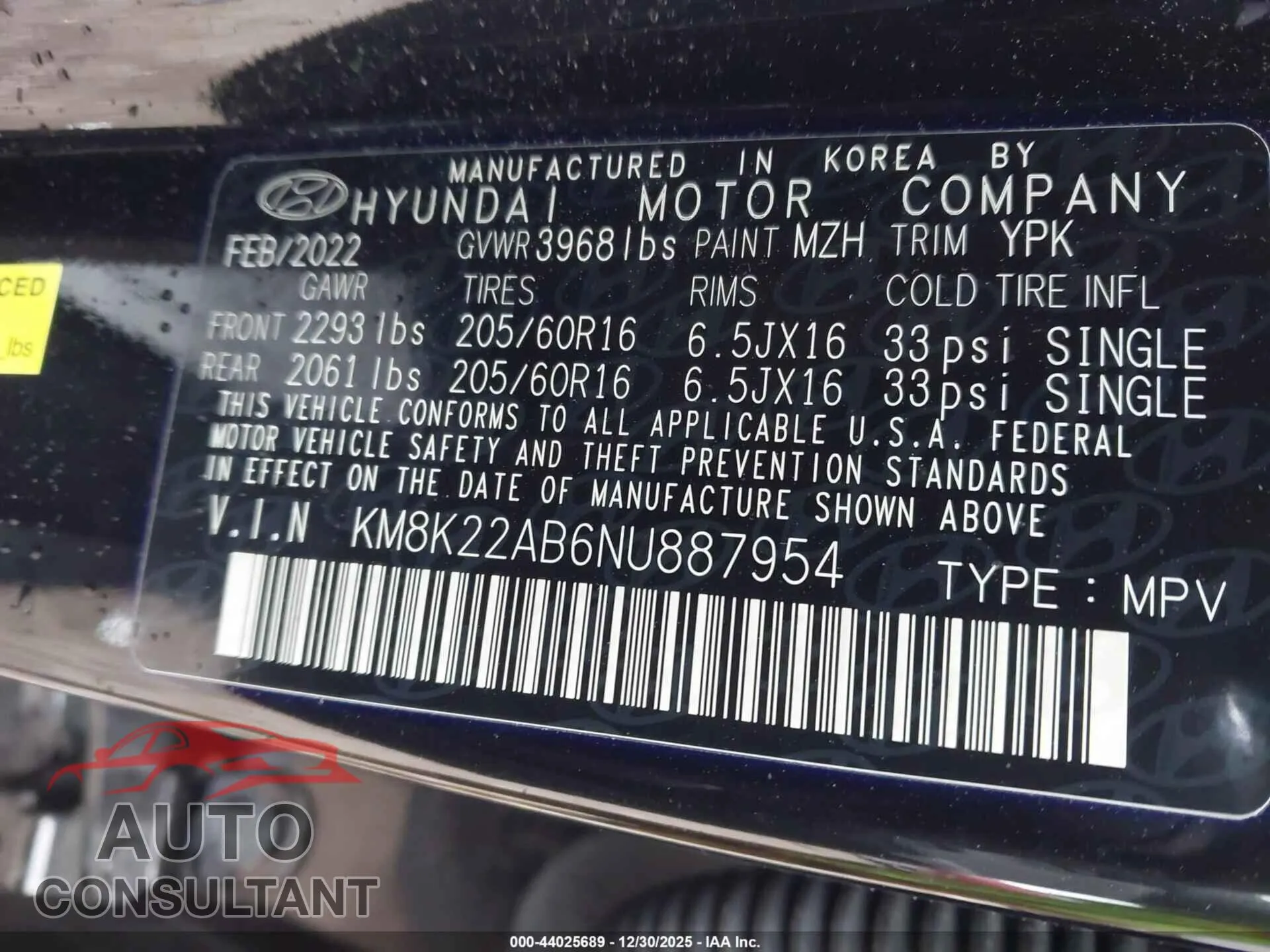 2022 HYUNDAI KONA Damaged VIN KM8K22AB6NU887954 – trunk area