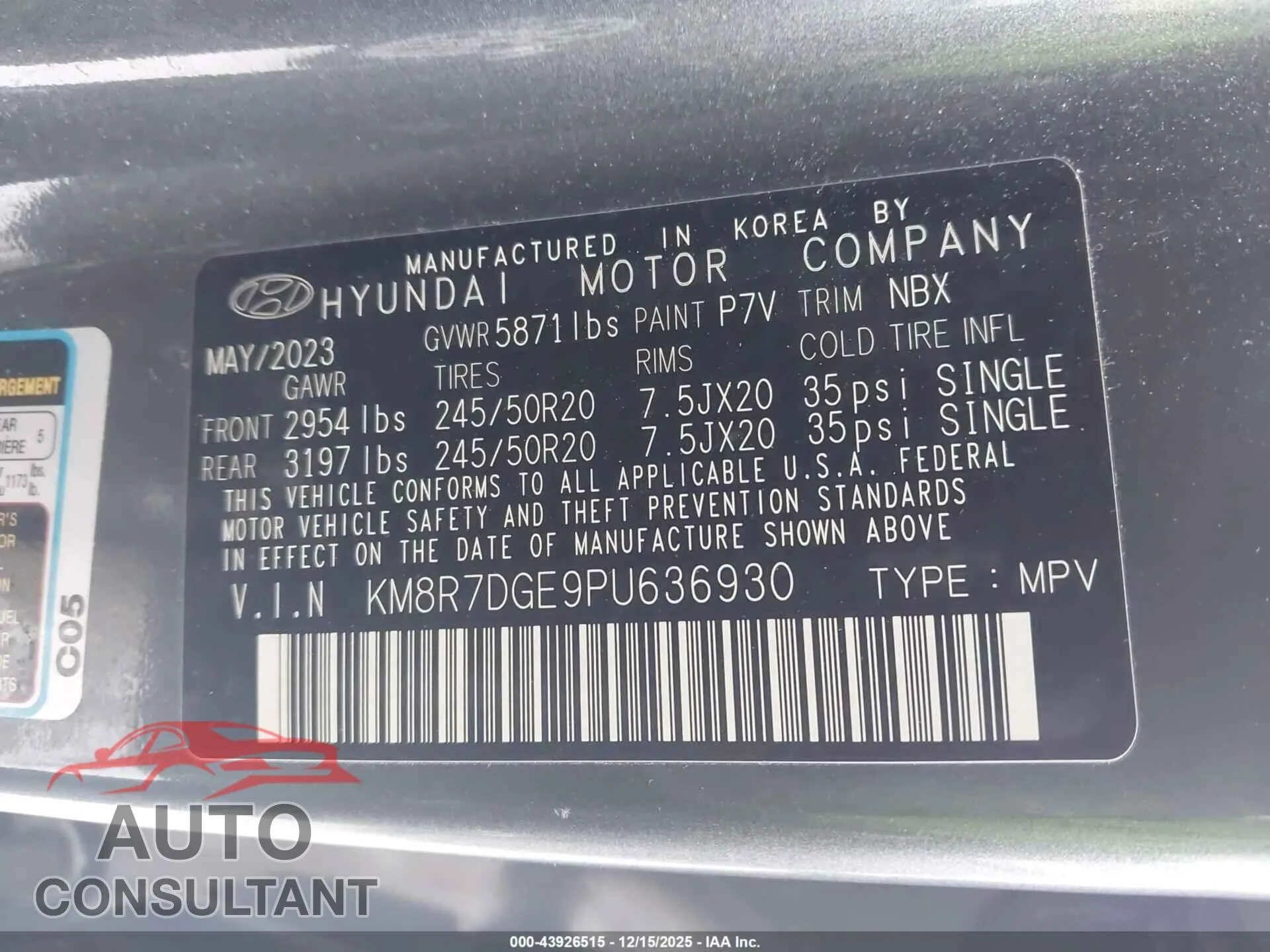 2023 HYUNDAI PALISADE Damaged VIN KM8R7DGE9PU636930 – trunk area