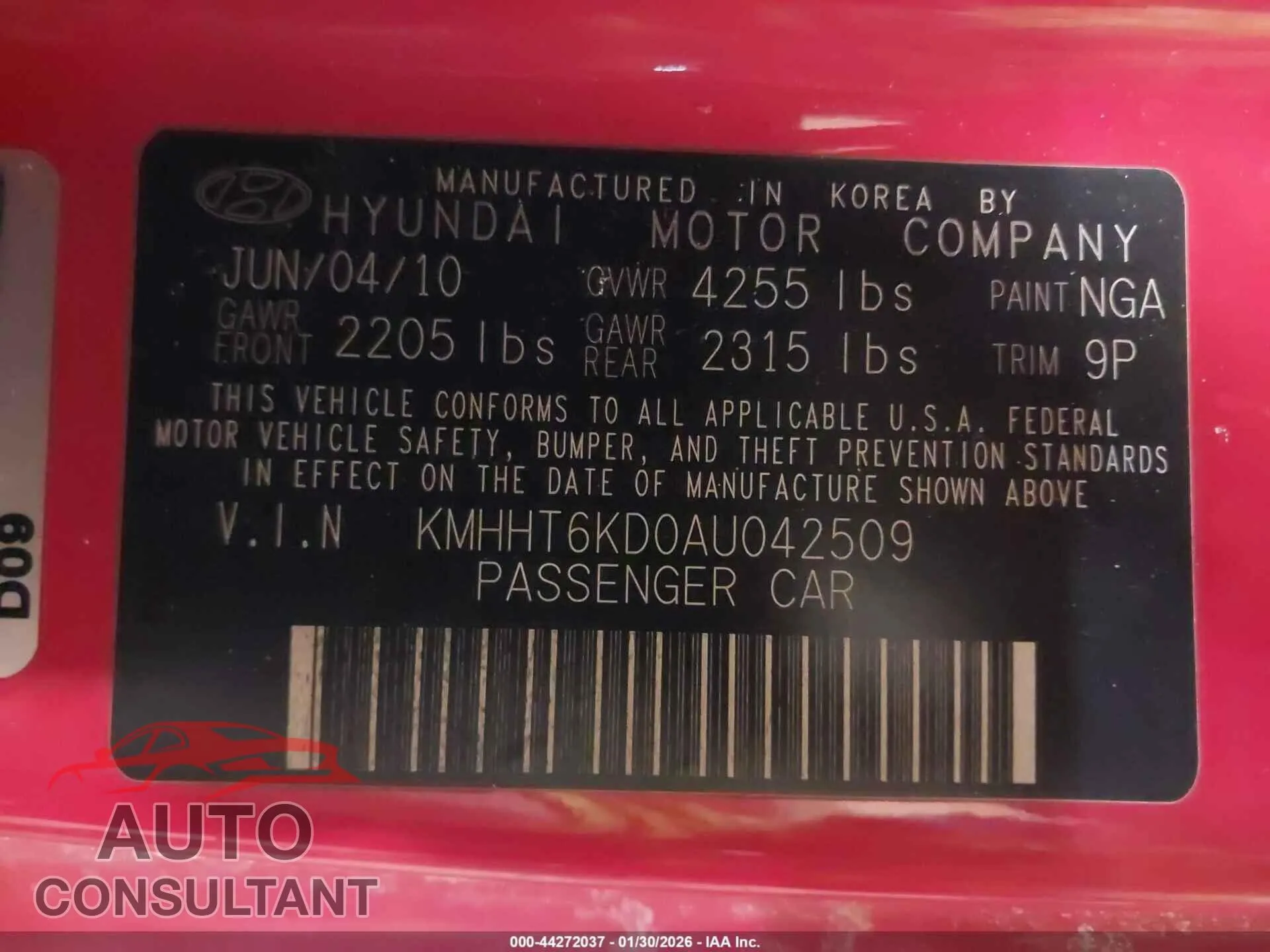 2010 HYUNDAI GENESIS Used VIN KMHHT6KD0AU042509 – trunk area