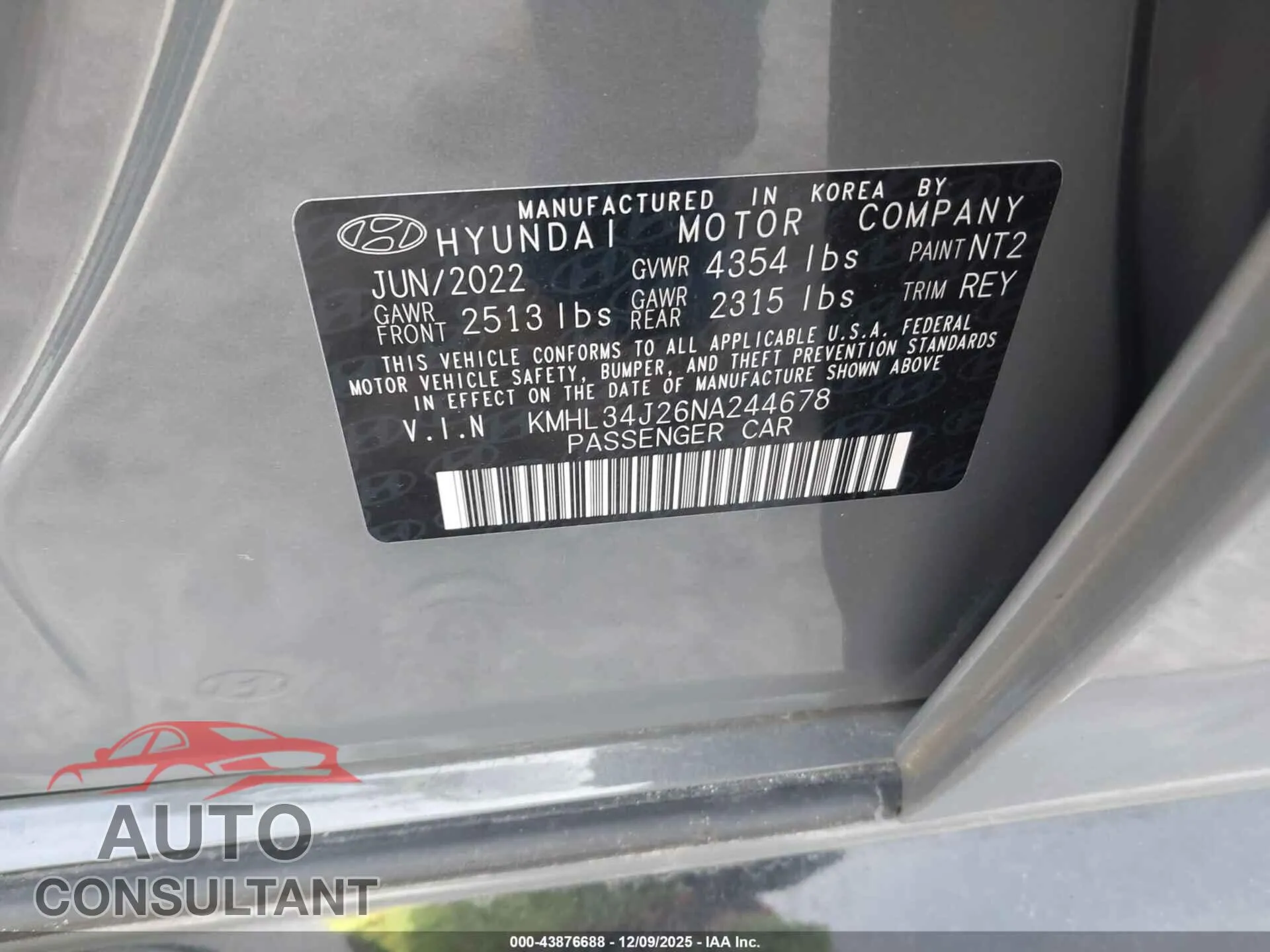 2022 HYUNDAI SONATA Damaged VIN KMHL34J26NA244678 – trunk area