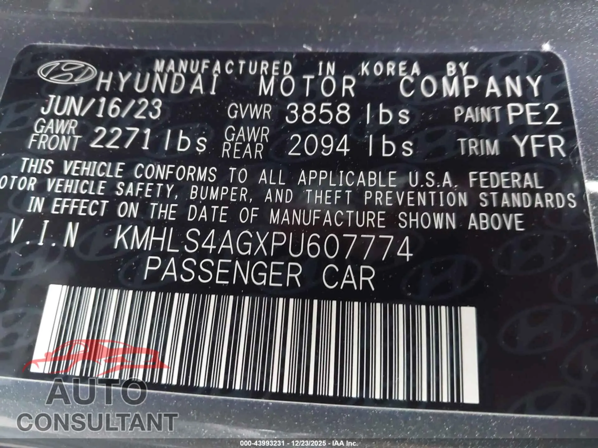 2023 HYUNDAI ELANTRA Damaged VIN KMHLS4AGXPU607774 – trunk area