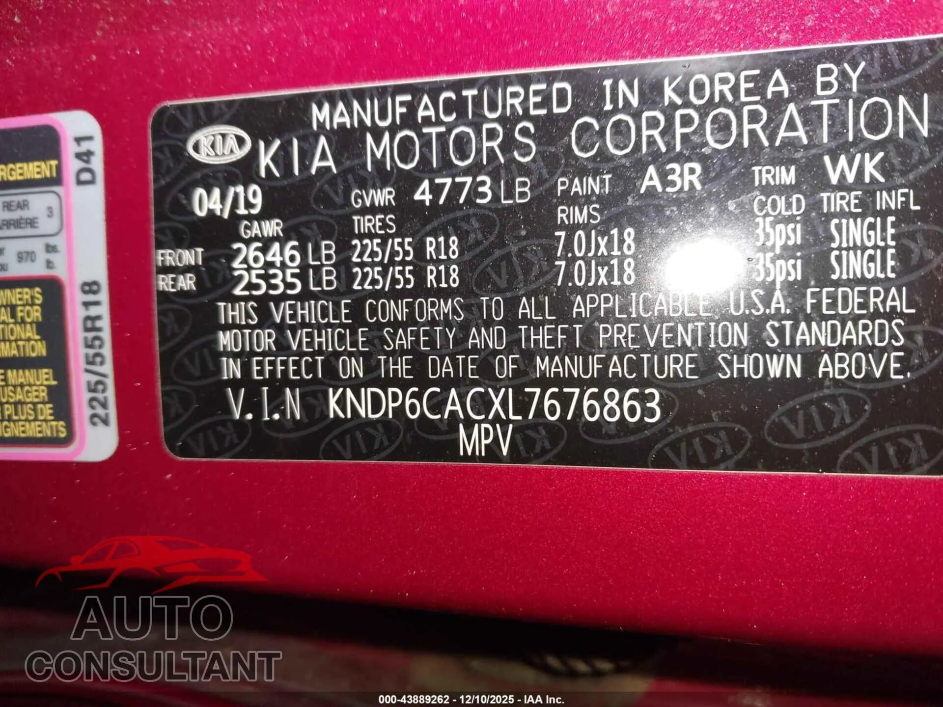 2020 KIA SPORTAGE Damaged VIN KNDP6CACXL7676863 – trunk area