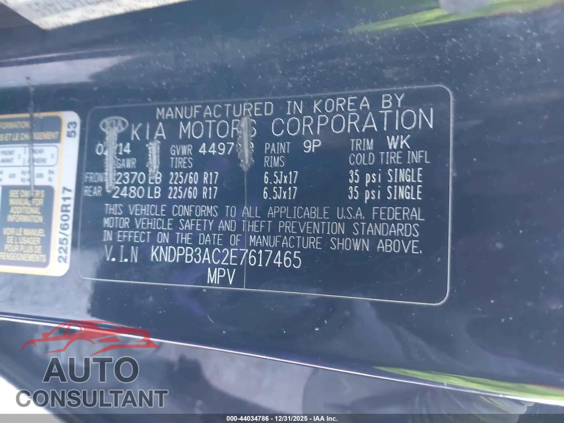2014 KIA SPORTAGE Damaged VIN KNDPB3AC2E7617465 – trunk area