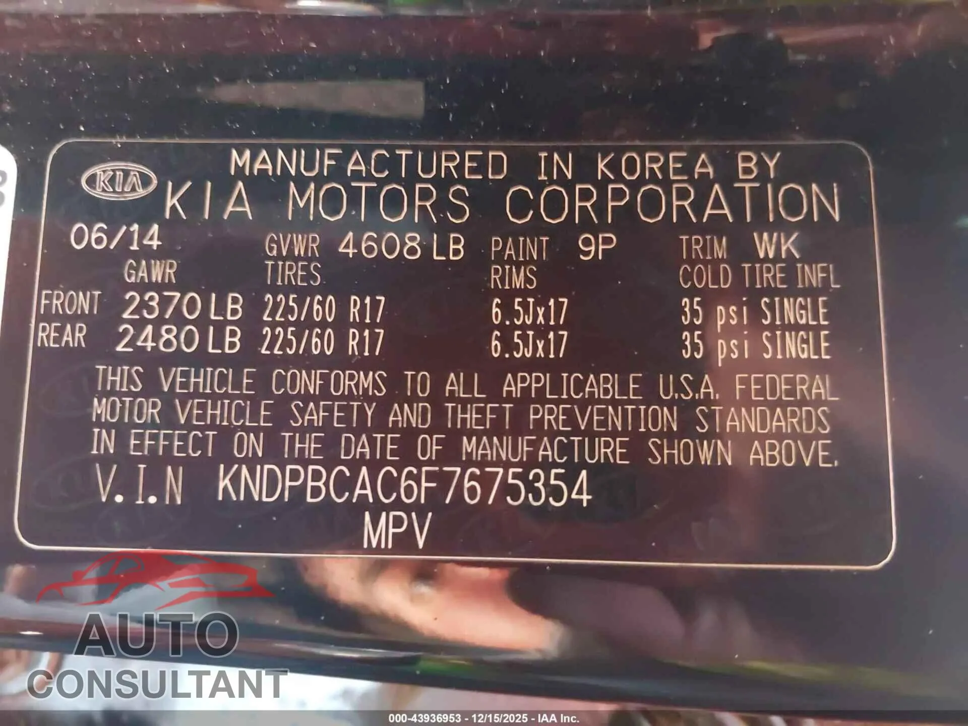 2015 KIA SPORTAGE Damaged VIN KNDPBCAC6F7675354 – trunk area