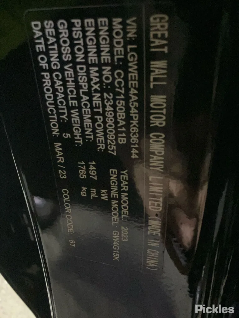 2023 GWM Haval Jolion - VIN LGWEE4A54PK636144 2023 GWM Haval Jolion VIN LGWEE4A54PK636144
