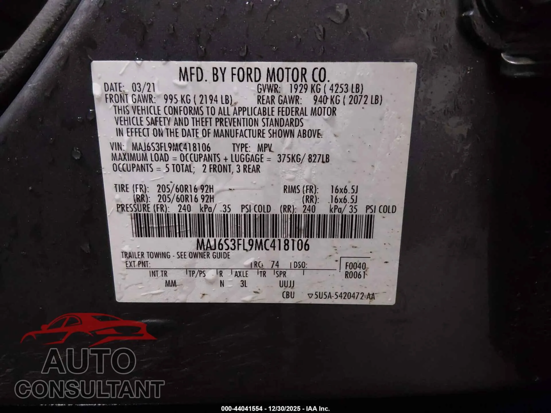 2021 FORD ECOSPORT Damaged VIN MAJ6S3FL9MC418106 – trunk area