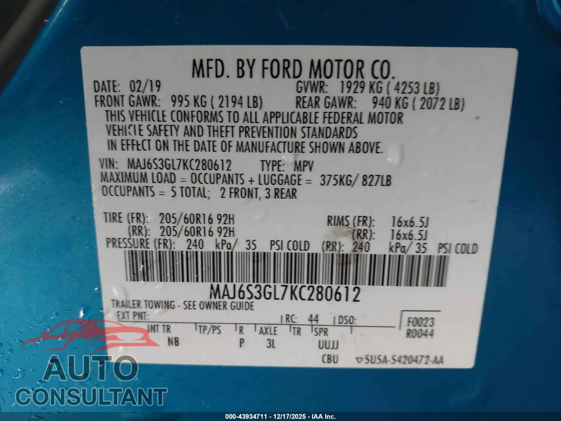 2019 FORD ECOSPORT Damaged VIN MAJ6S3GL7KC280612 – trunk area