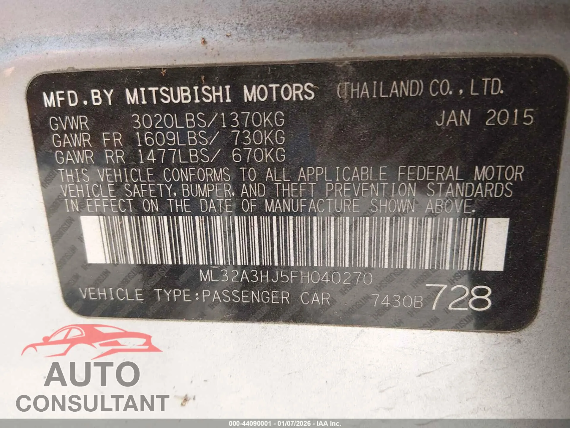 2015 MITSUBISHI MIRAGE Damaged VIN ML32A3HJ5FH040270 – trunk area
