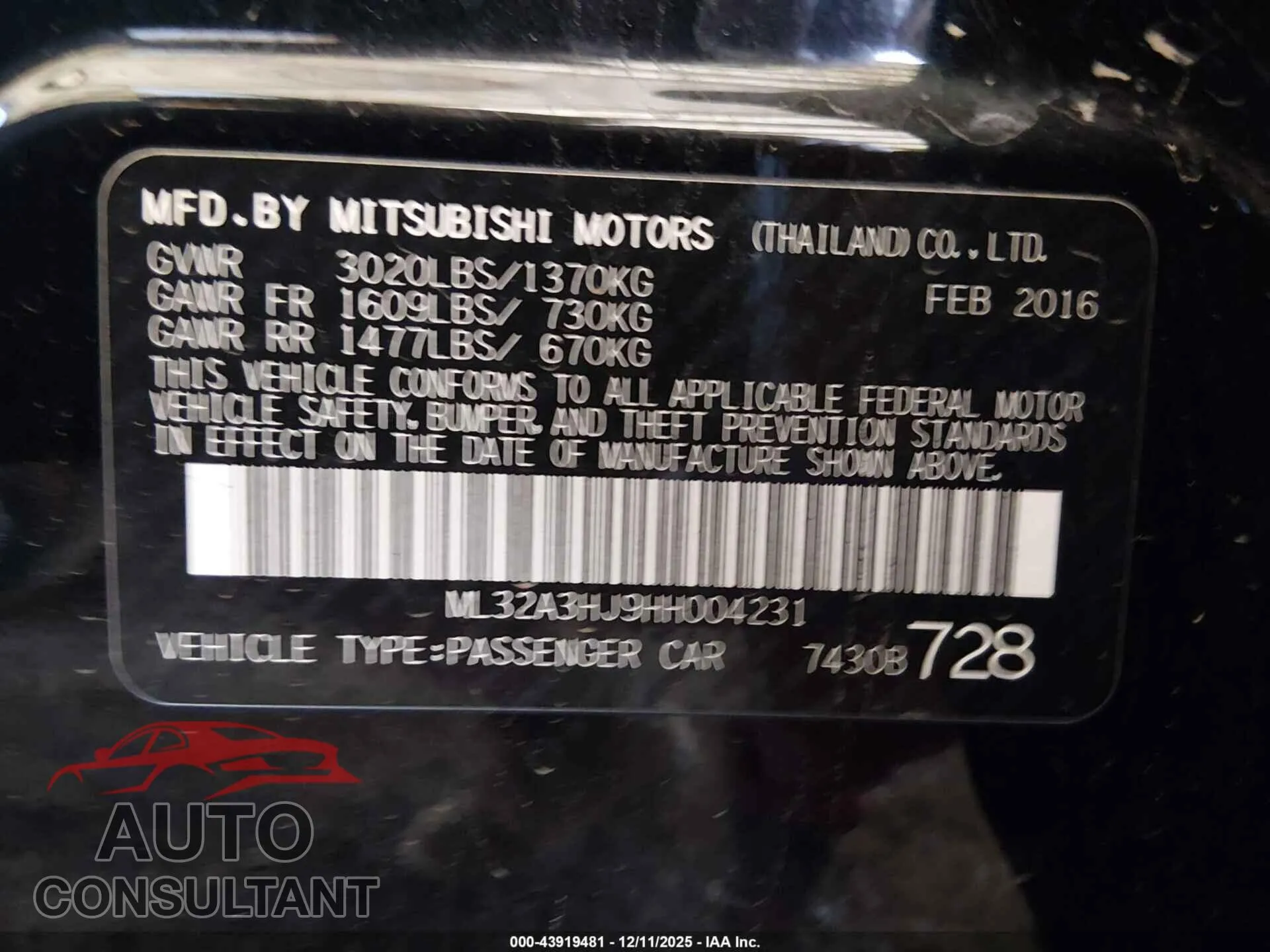 2017 MITSUBISHI MIRAGE Damaged VIN ML32A3HJ9HH004231 – trunk area