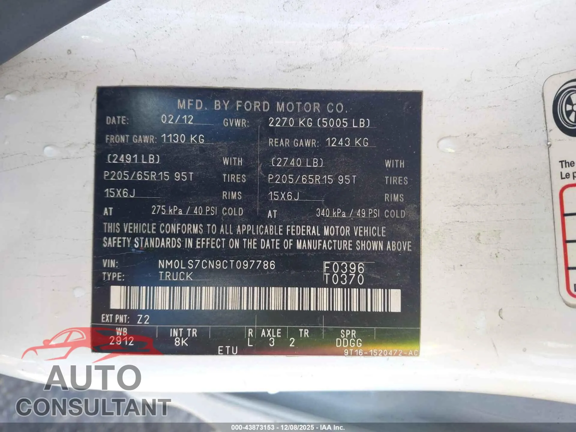 2012 FORD TRANSIT CONNECT Damaged VIN NM0LS7CN9CT097786 – trunk area