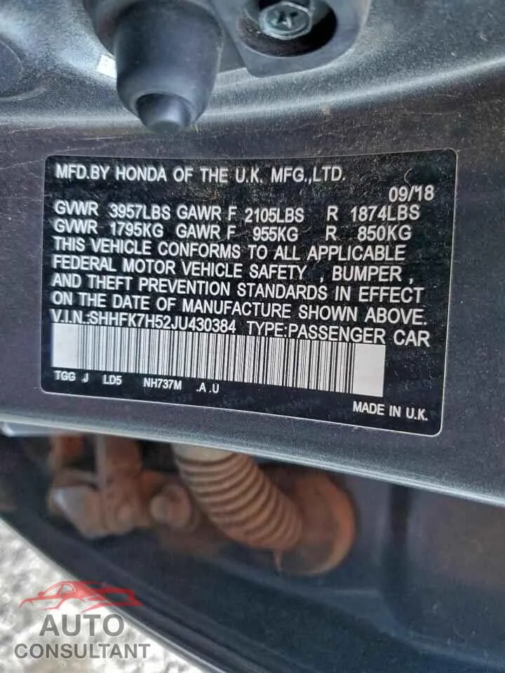 2018 HONDA CIVIC Damaged VIN SHHFK7H52JU430384 – photo 12