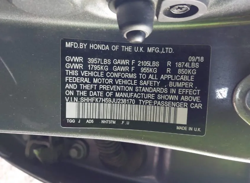 2018 HONDA Civic – VIN SHHFK7H59JU238170 2018 HONDA Civic VIN SHHFK7H59JU238170