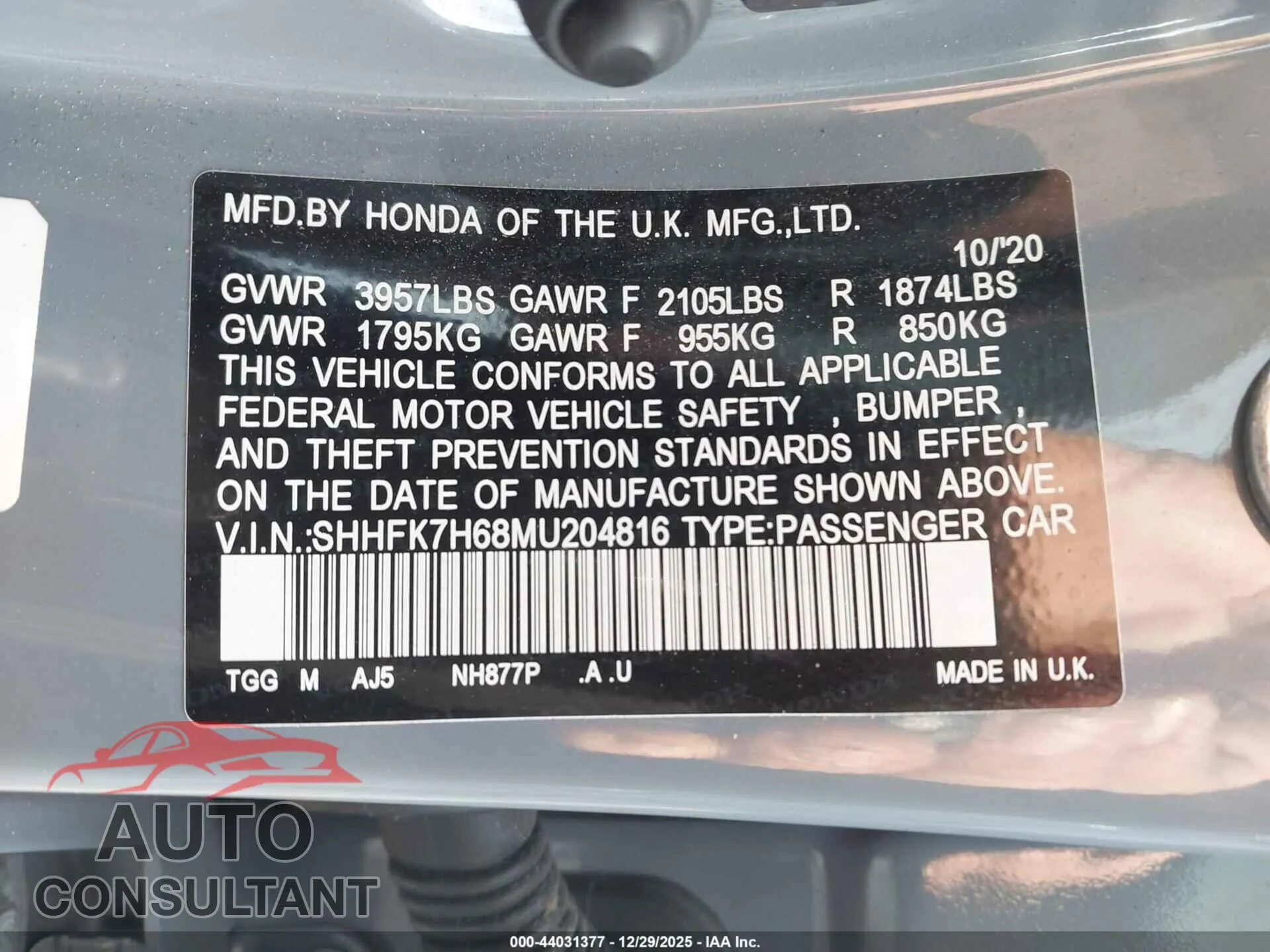 2021 HONDA CIVIC Damaged VIN SHHFK7H68MU204816 – trunk area
