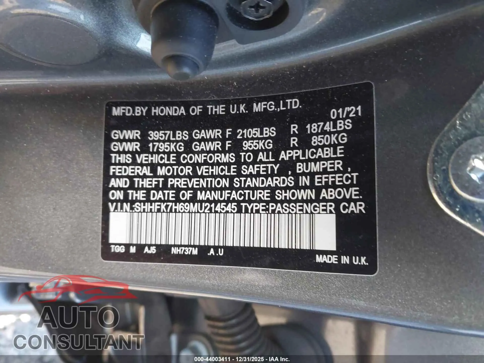 2021 HONDA CIVIC Damaged VIN SHHFK7H69MU214545 – trunk area