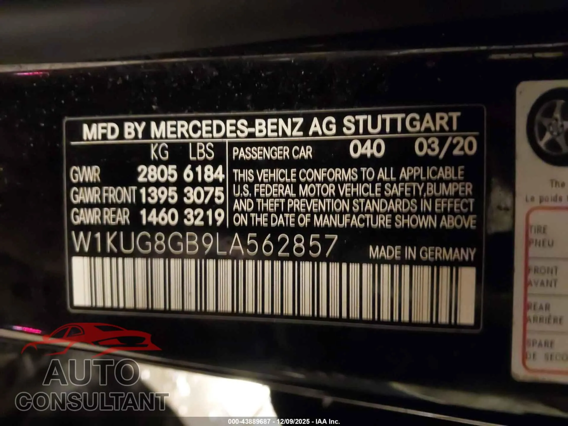 2020 MERCEDES-BENZ S 560 Damaged VIN W1KUG8GB9LA562857 – trunk area